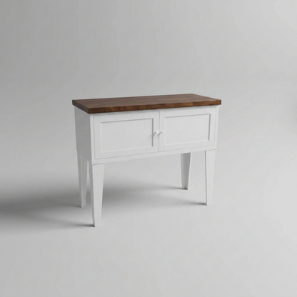 White Metal Hall table console with dark Oak top in grey studio shot