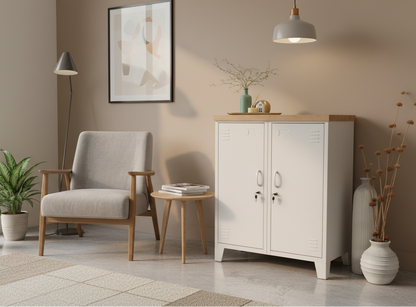 A white double side cabinet with an oak top, featuring two doors with decorative items on top and side.