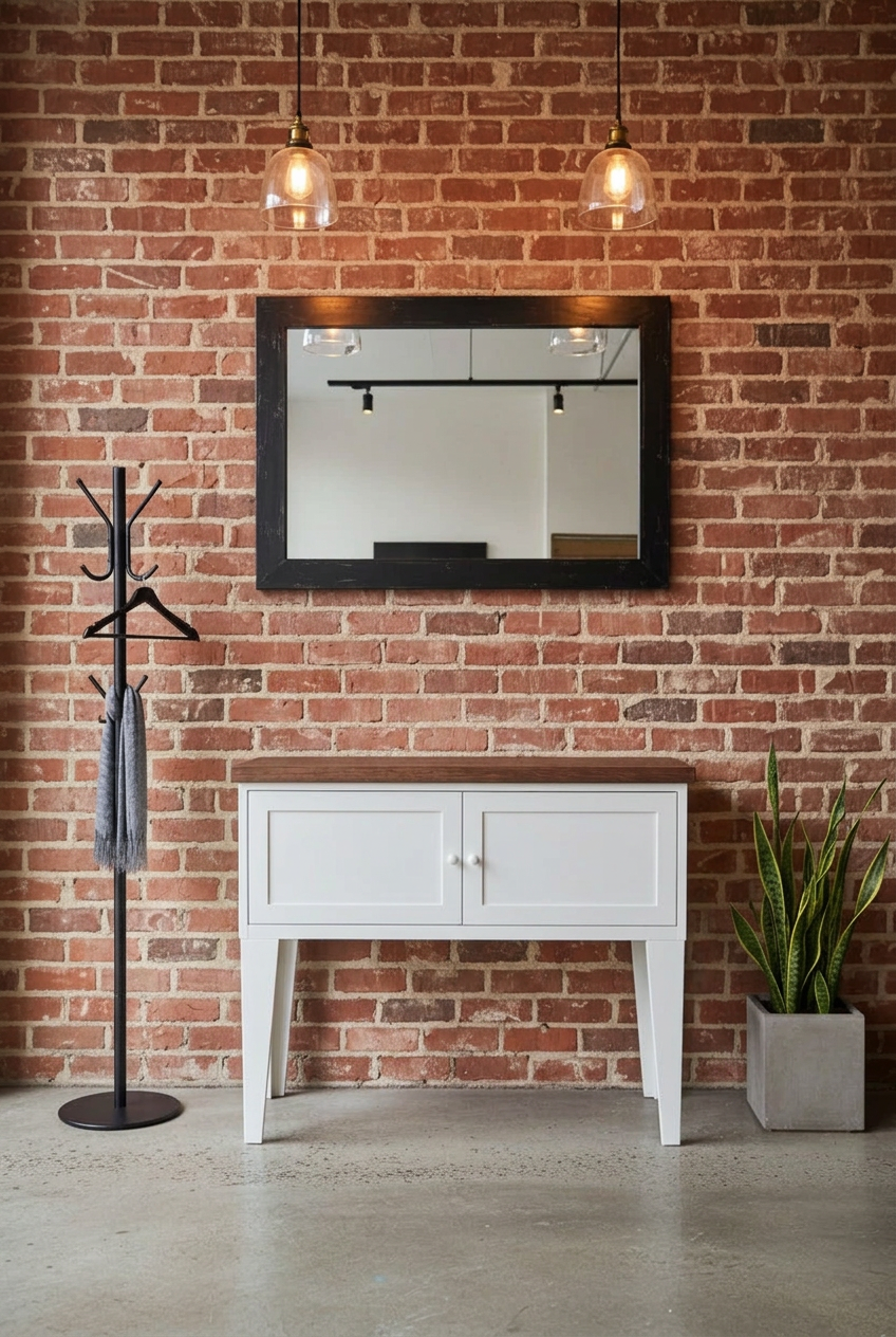 White Hall table made of metal with Dark Oak top