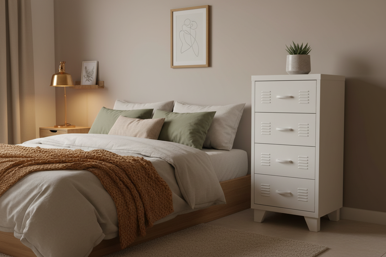 A white metal 4 drawer tallboy cabinet in a bedrrom
