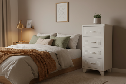 A white metal 4 drawer tallboy cabinet in a bedrrom