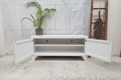 white industrial metal TV cabinet with open doors showing in side an adjustable shelf and cable holes 