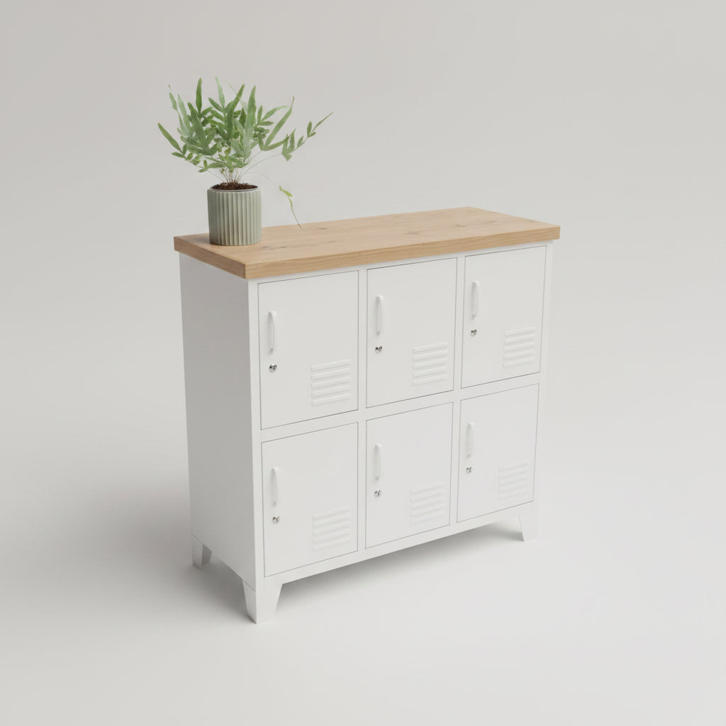 A white metal 6 Door storage cabinet with a light Oak wood top, shown in a showroom. A small potted green plant sits on the cabinet's surface.