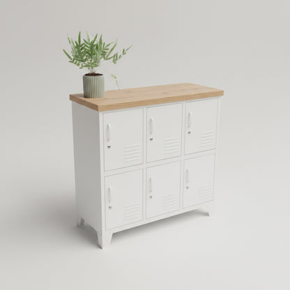 A white metal 6 Door storage cabinet with a light Oak wood top, shown in a showroom. A small potted green plant sits on the cabinet's surface.