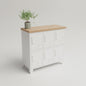 A white metal 6 Door storage cabinet with a light Oak wood top, shown in a showroom. A small potted green plant sits on the cabinet's surface.