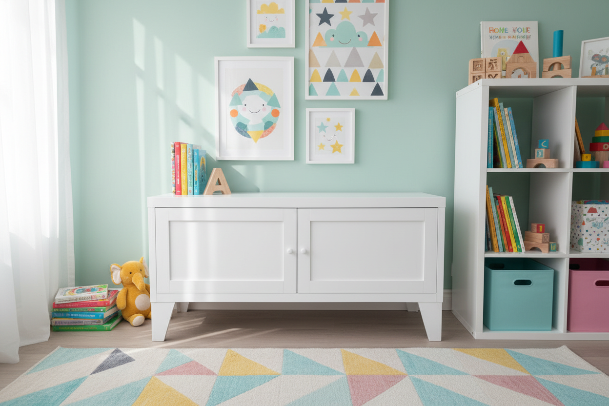 Children's room with a white metal cabinet for hiding the toys away