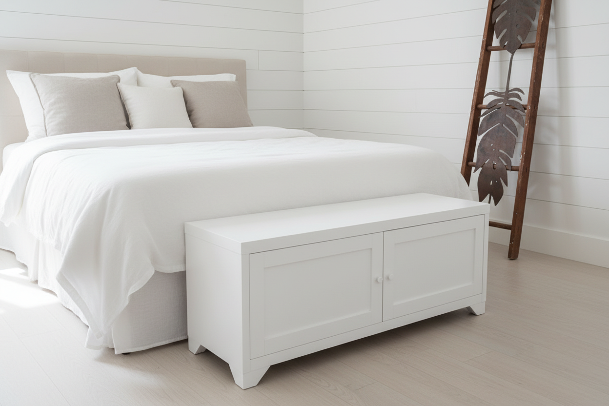 white metal coffee table with panel doors. Set at the end of bed, as end of bed storage