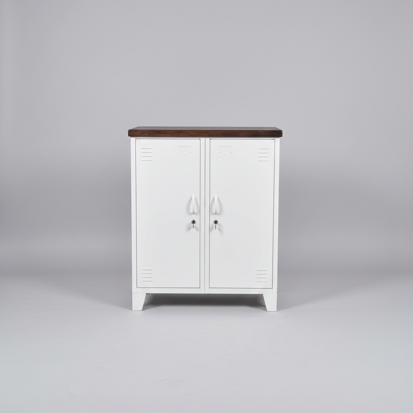 A white double side cabinet with a dark stained oak top 