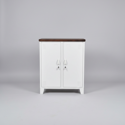 A white double side cabinet with a dark stained oak top 