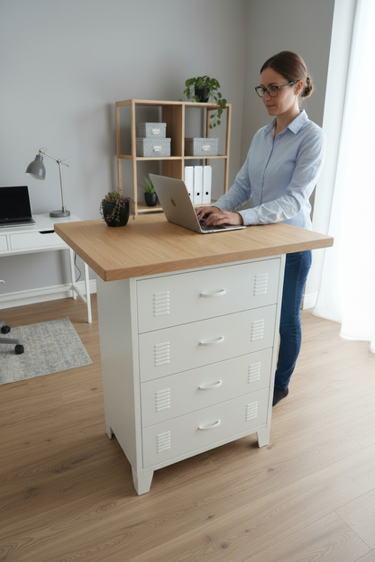 White metal drawer cabinet with Rimu top in a office setting as a standing desk