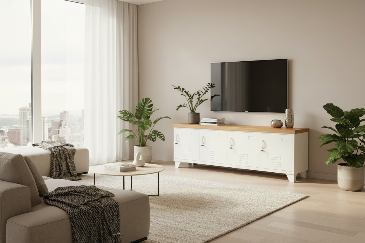 Modern living room with a TV on a white  metal entertainment console with Oak top,  plants, and a cityscape view.