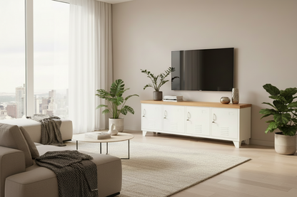 Modern living room with a TV on a white  metal entertainment console with Oak top,  plants, and a cityscape view.
