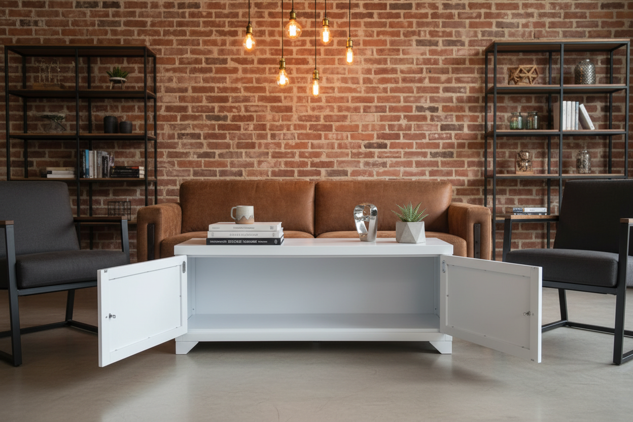 white metal industrial coffee table with storage.