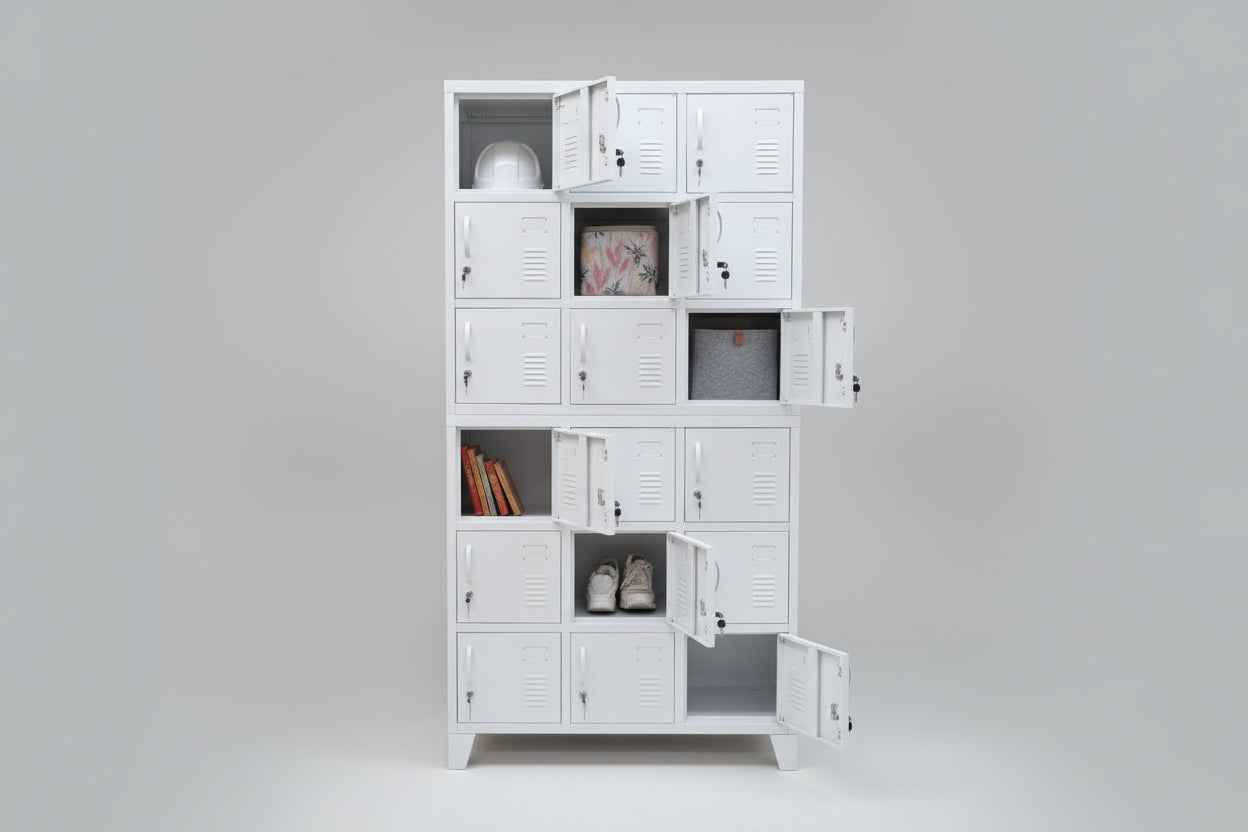 White metal locker with multiple compartments