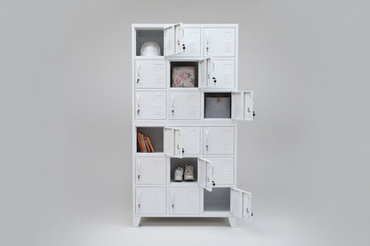 White metal locker with multiple compartments