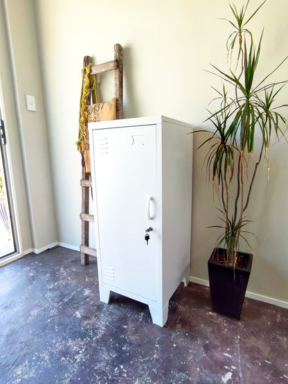 A white metal side cabinet with a left hinge, two adjustable shelves, and a lock on the door. It is placed in a room next to a potted plant and a wooden ladder.