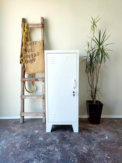 white metal side cabinet with a left hinge door