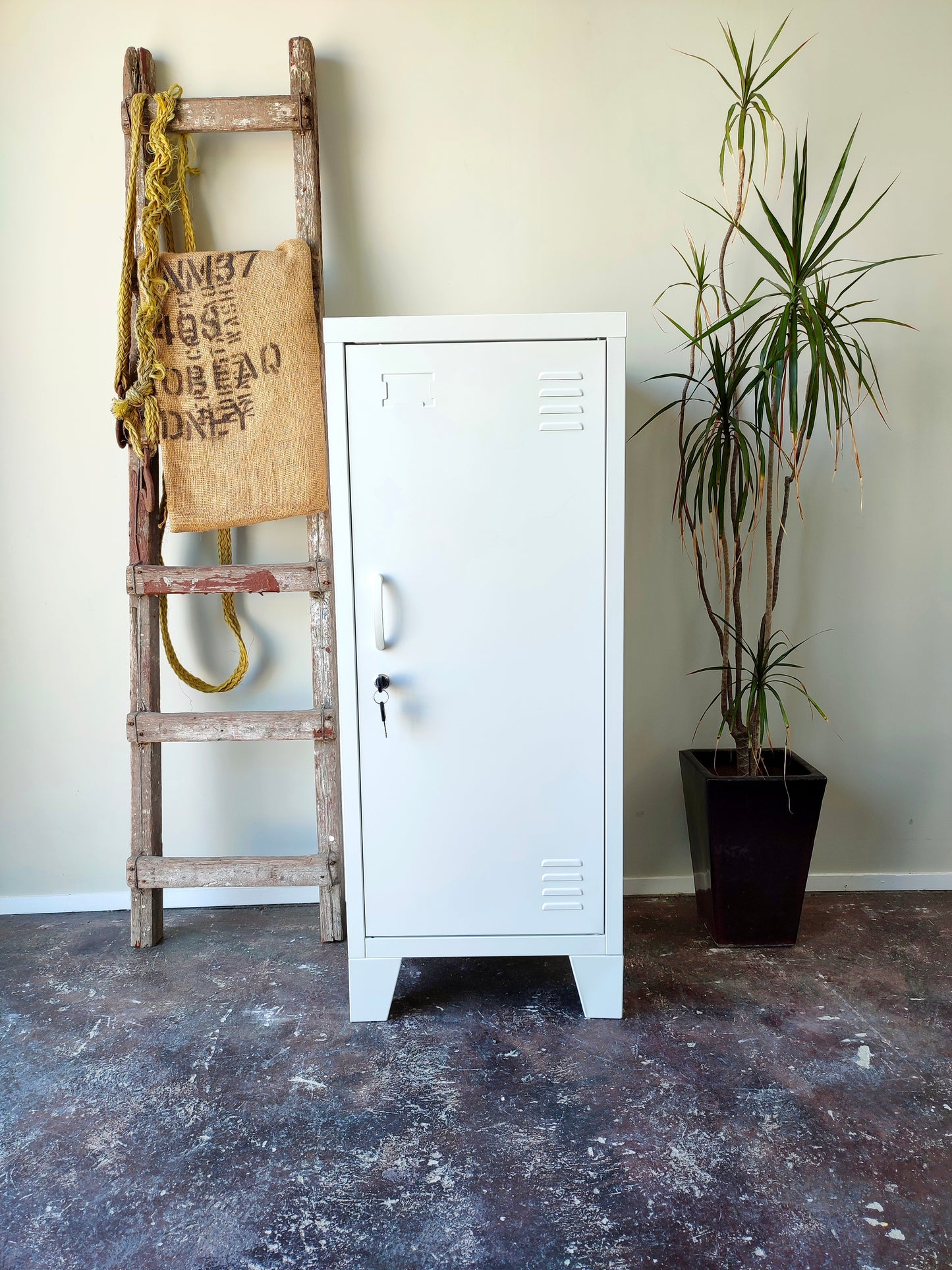 A white metal side cabinet with a right hinge door, placed beside a potted plant on a concrete floor, with a wooden ladder and bags in the background.