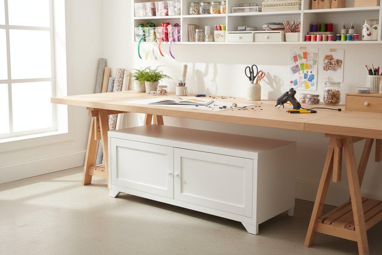 Wooden workbench with white metal storage bench underneath 