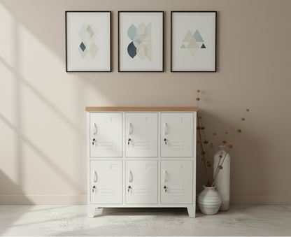 A white six-door locker with an oak top, as staff locker or a sideboard, entryway peice