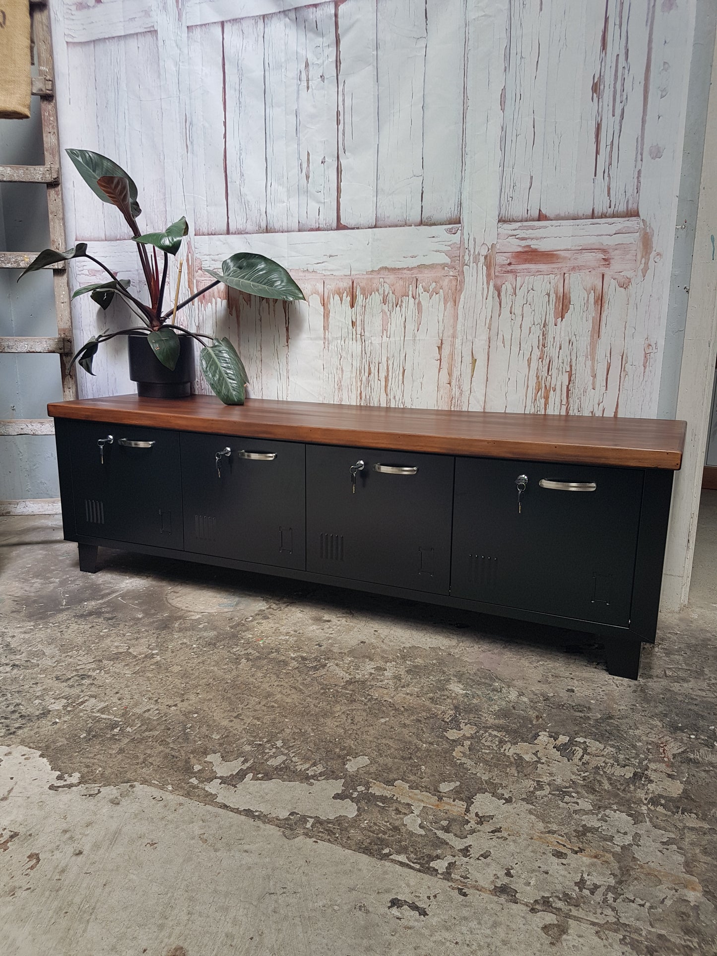 Long Black 4 Door TV console-Dark Rimu top
