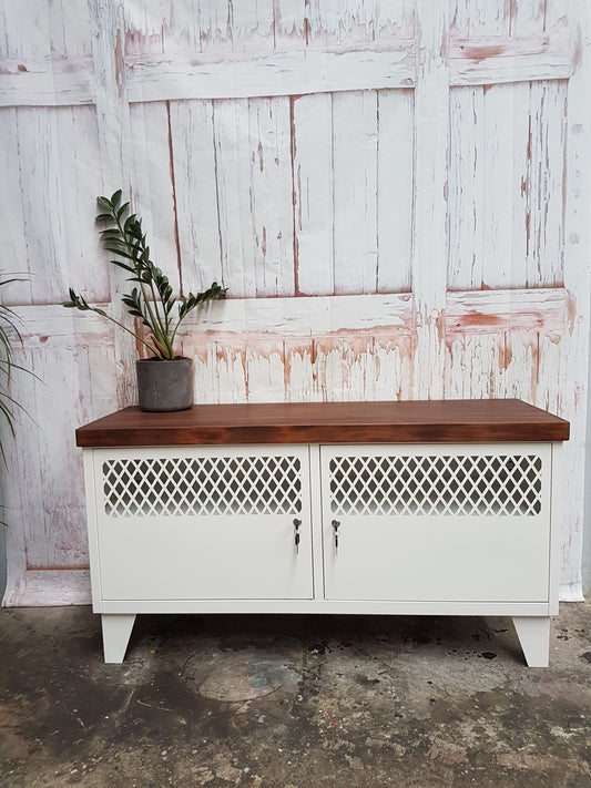 White TV Cabinet-Dark Rimu top