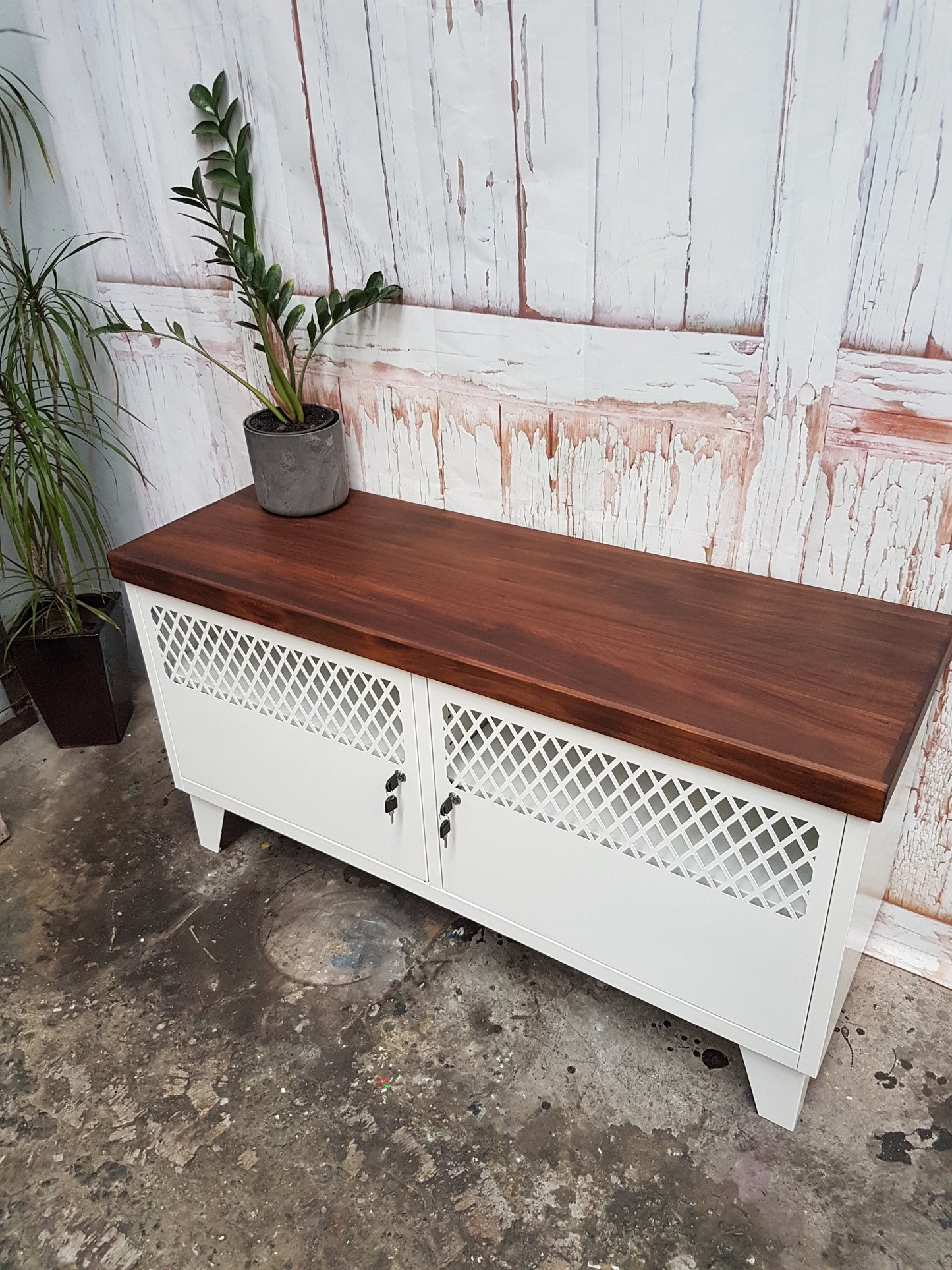 White TV Cabinet-Dark Rimu top