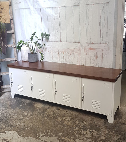 White Entertainment console Dark Oak top