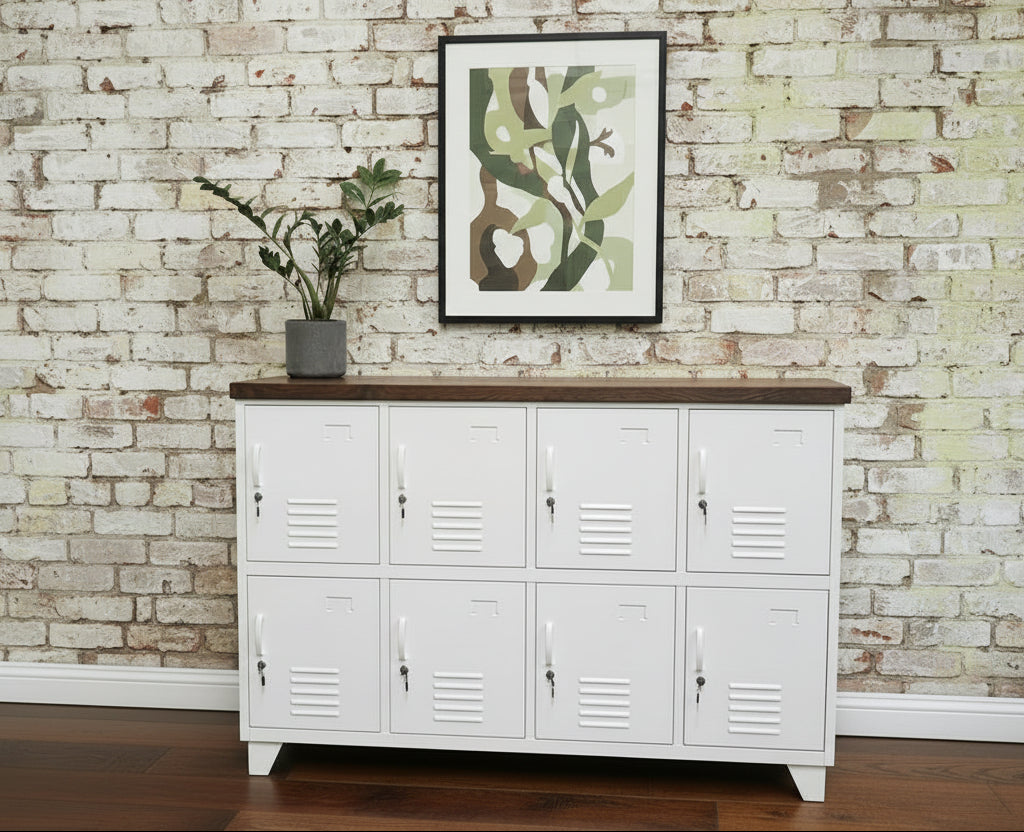 White powder coated 8 door metal locker with Dark oak top