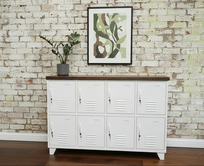 White powder coated 8 door metal locker with Dark oak top