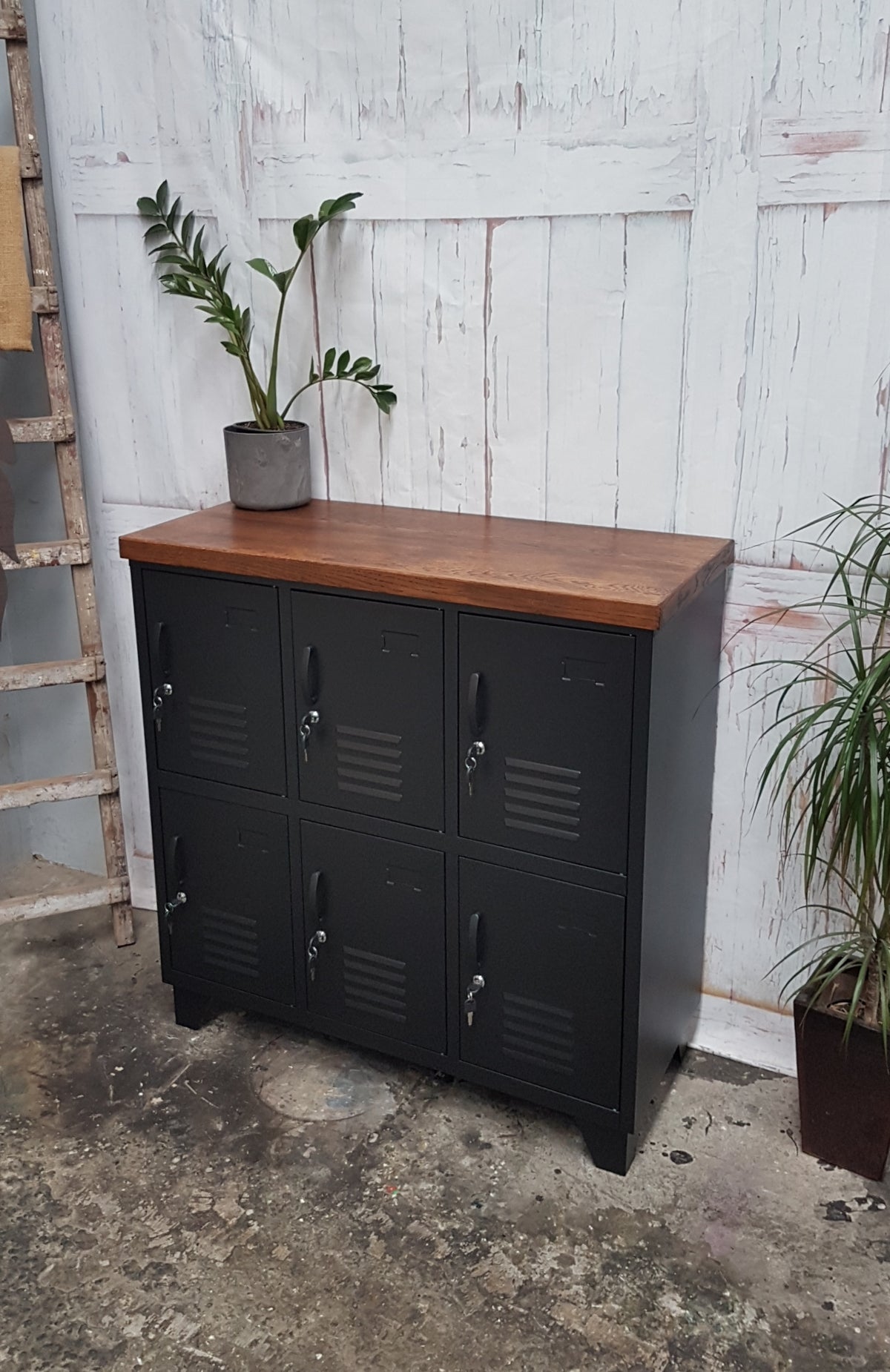 A Black Metal 6-door locker with dark oak top, with a ZZ plant on top in industrial setting