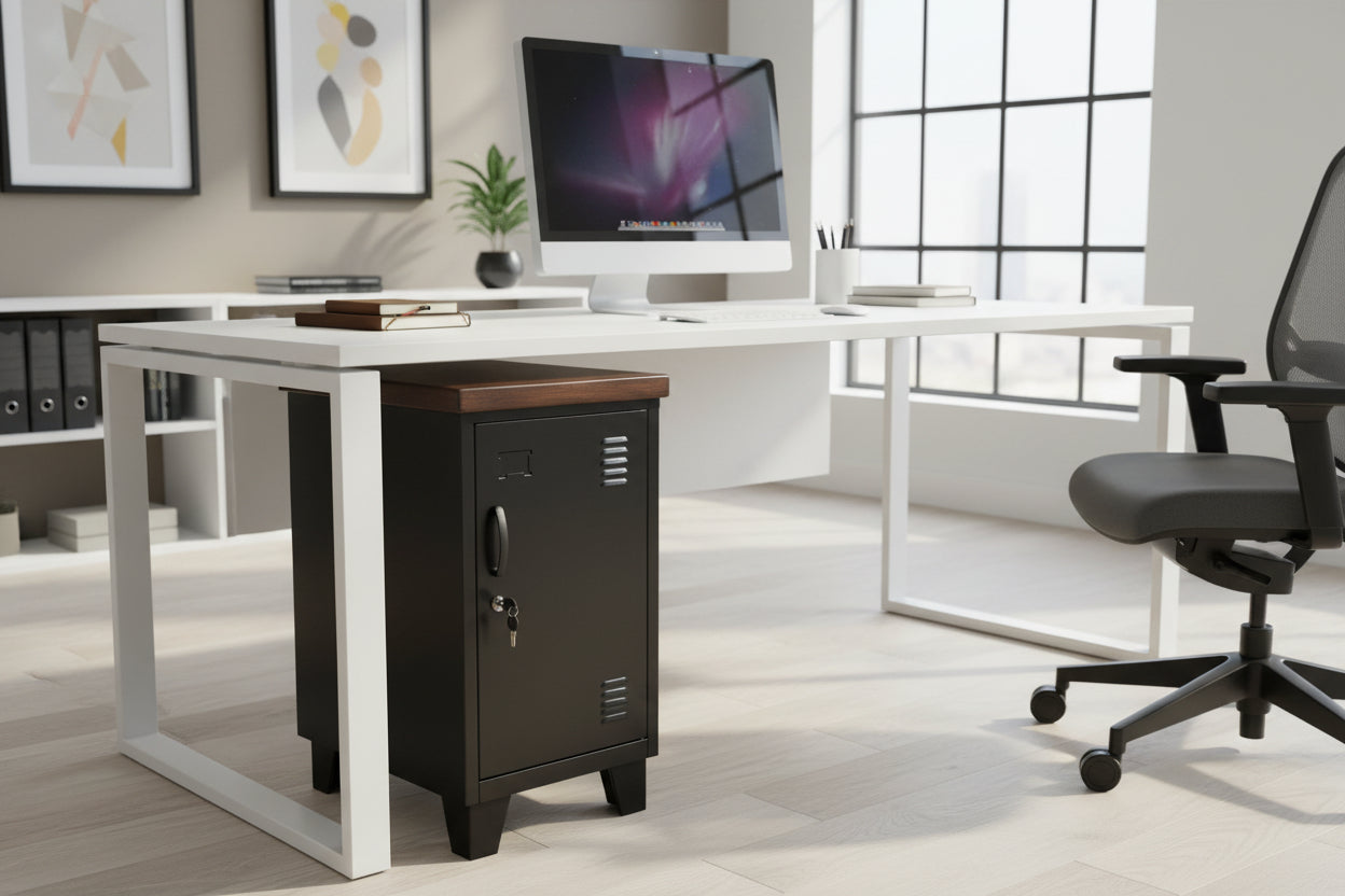A black mini locker with a dark oak top, sitting underneath a desk 