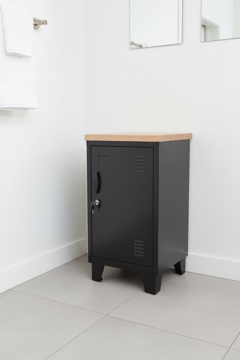 A black mini locker with an oak top, featuring a right-opening door in bathroom as extra storage 