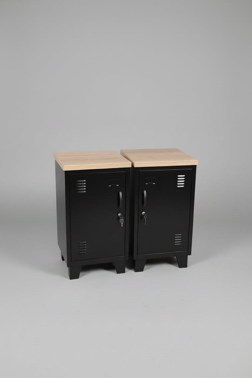 A pair of Small black metal cabinets with Oak tops