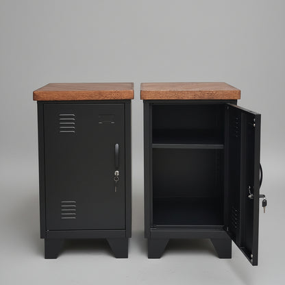 A pair of black mini lockers with dark oak tops, one locker is open showing the interior, the other is closed