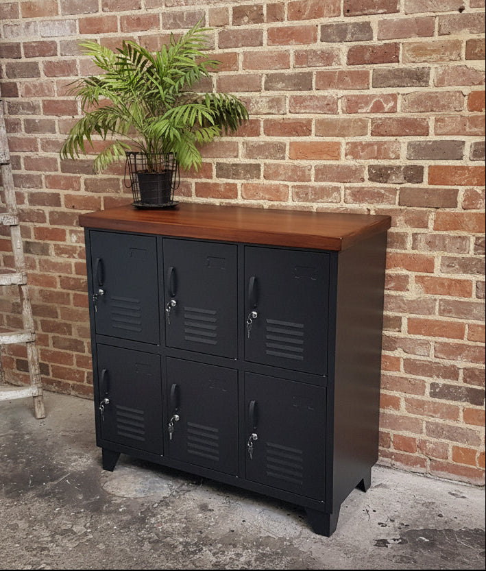 Black 6 Door Locker dark Rimu top staff lockers, home or office storage