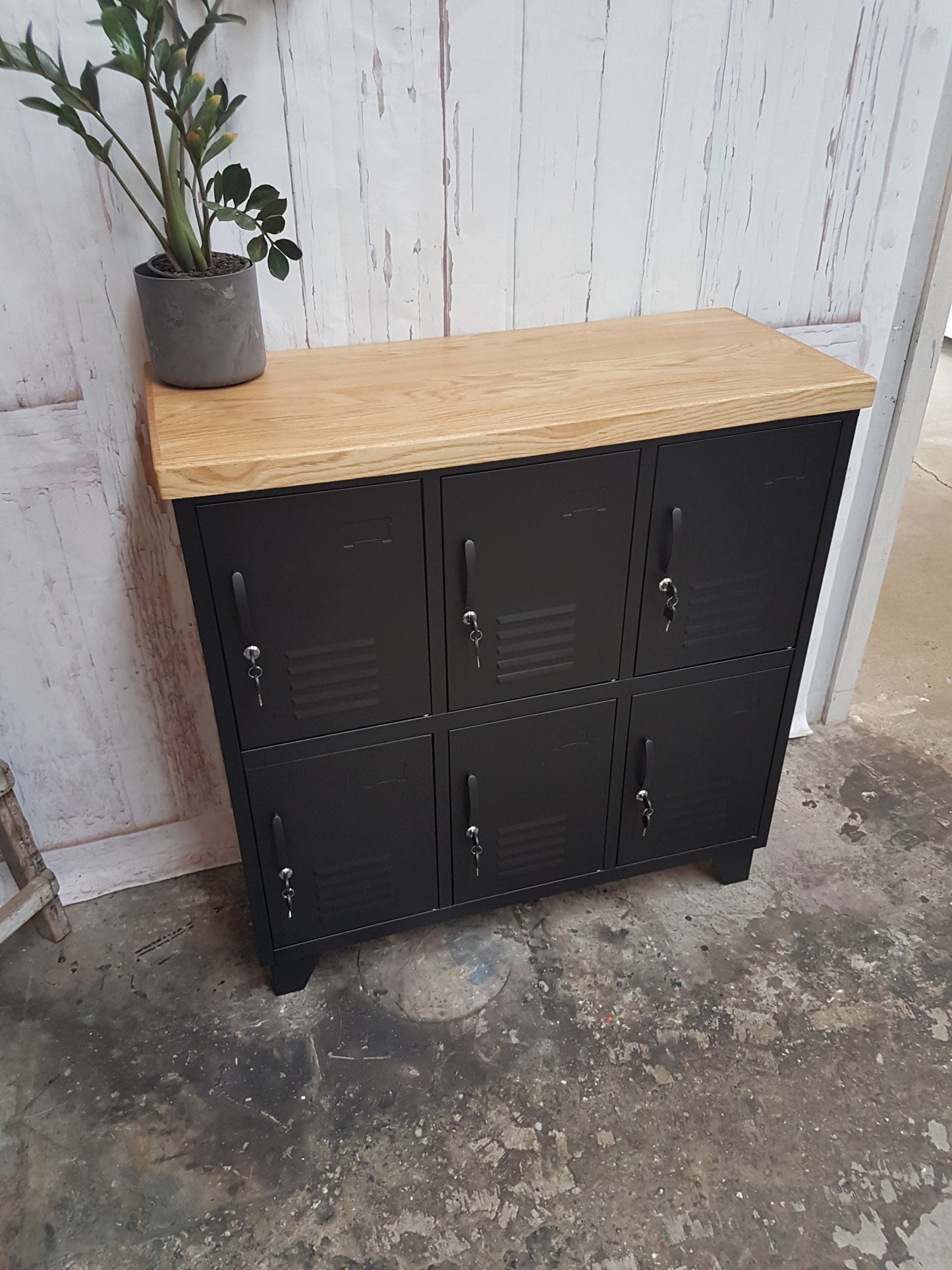 Black 6 Door Metal Locker Cabinet with Pale Oak top – Office, Staff & Home Storage | NZ