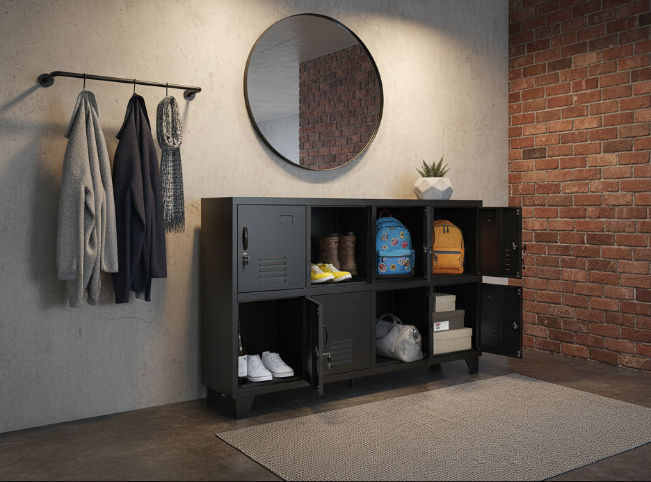Black Industrial sideboard locker in an entranceway with shoes and bags