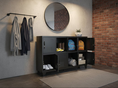 Black Industrial sideboard locker in an entranceway with shoes and bags