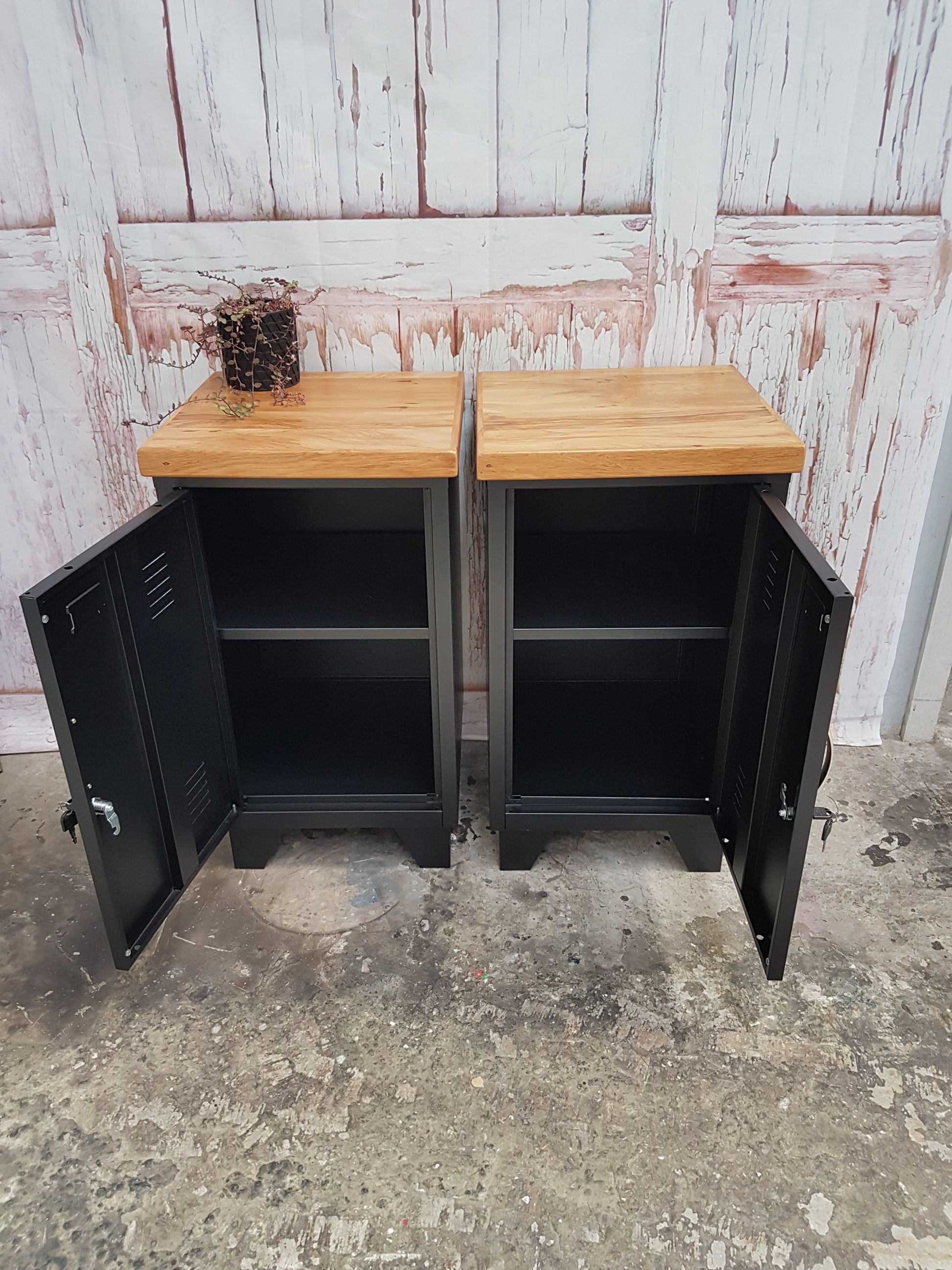 Black Mini Metal Locker Bedside Set Rimu top with open doors