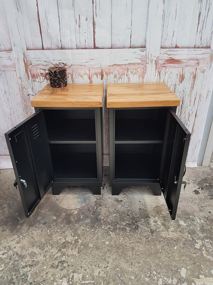 Black Mini Metal Locker Bedside Set Rimu top with open doors