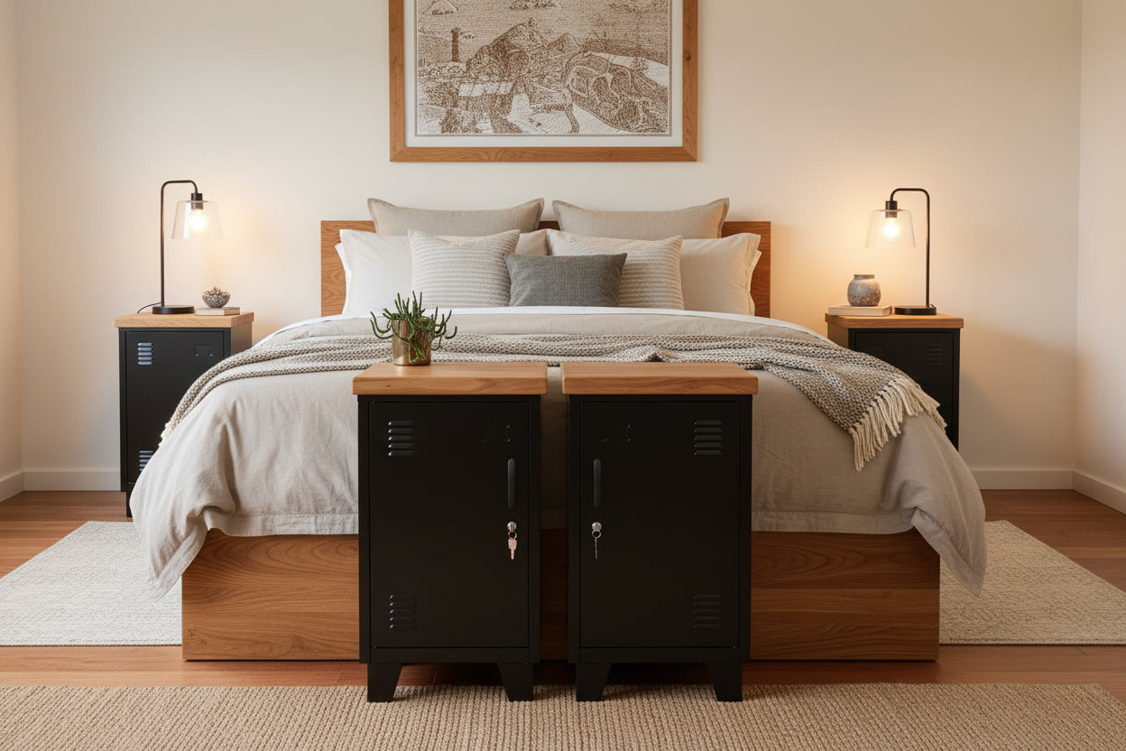 Black Mini Metal Locker Bedside Set with Rimu Top (Pair) – Metal Storage NZ