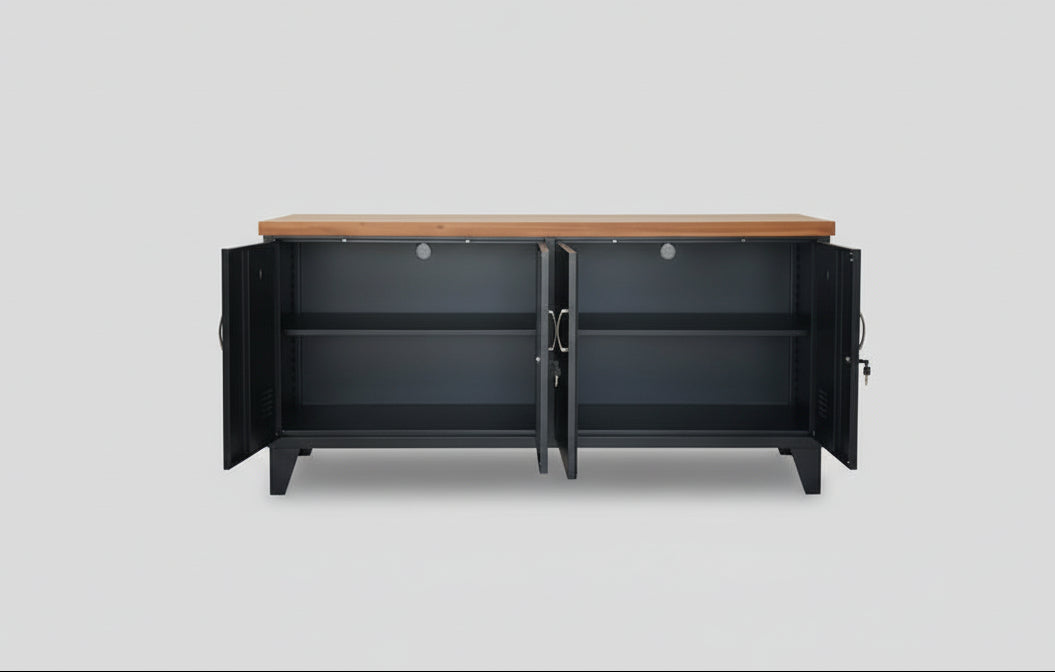 Black Versatile metal locker cabinet with Rimu top , doors open to show adjustable shelves