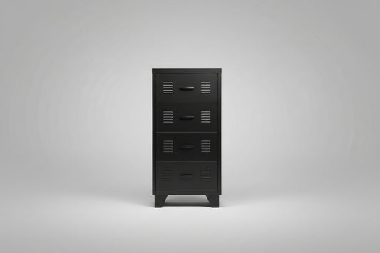 Black metal 4 drawer locker-style cabinet on a gray background