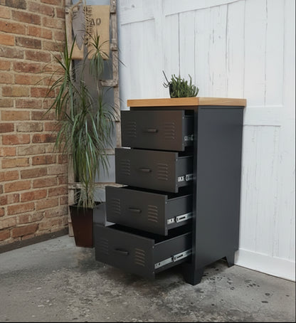 Black metal 4 drawer tallboy cabinet with Oak top with open drawers