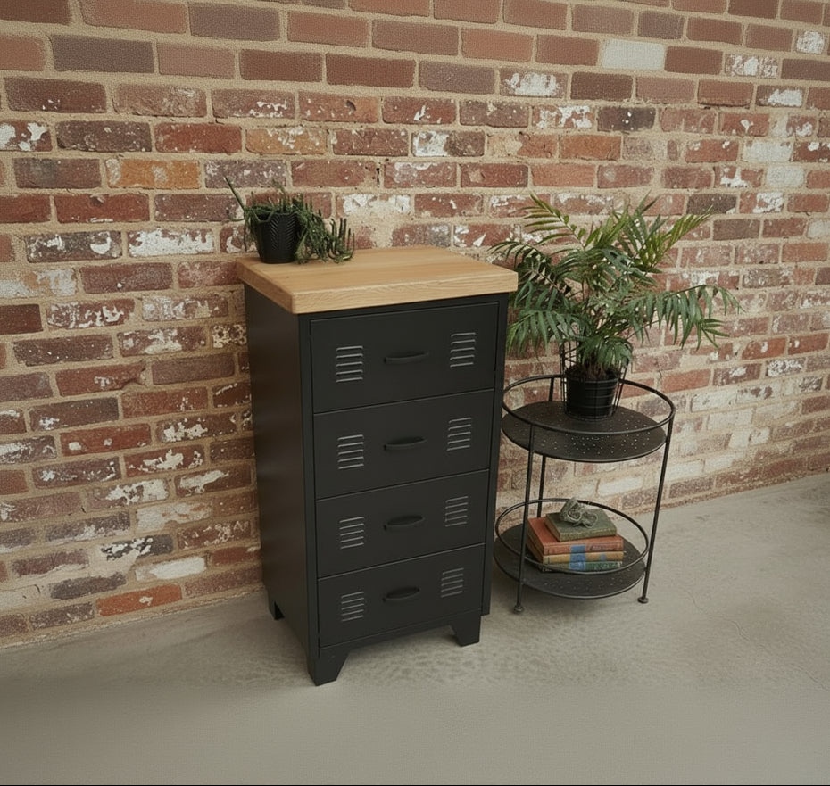 Black metal locker-style dresser with 4 drawers and an Oak