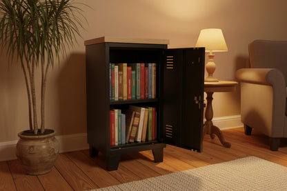 Black metal mini locker with Oak top in a cozy setting with books 