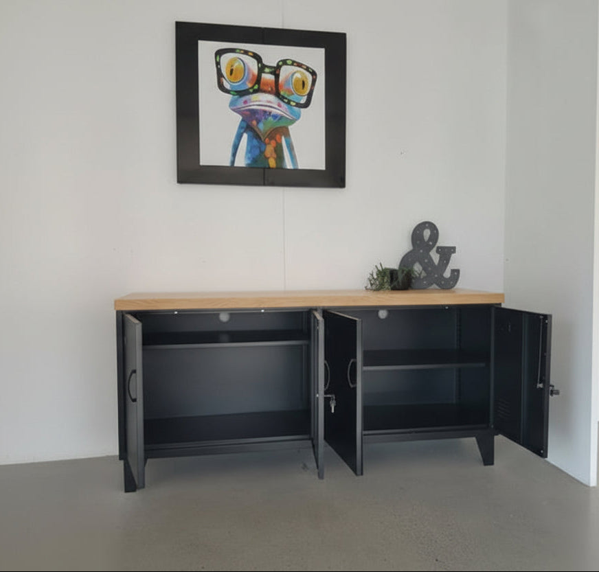 Black metal versatile locker with Oak top open doors