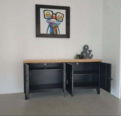 Black metal versatile locker with Oak top open doors
