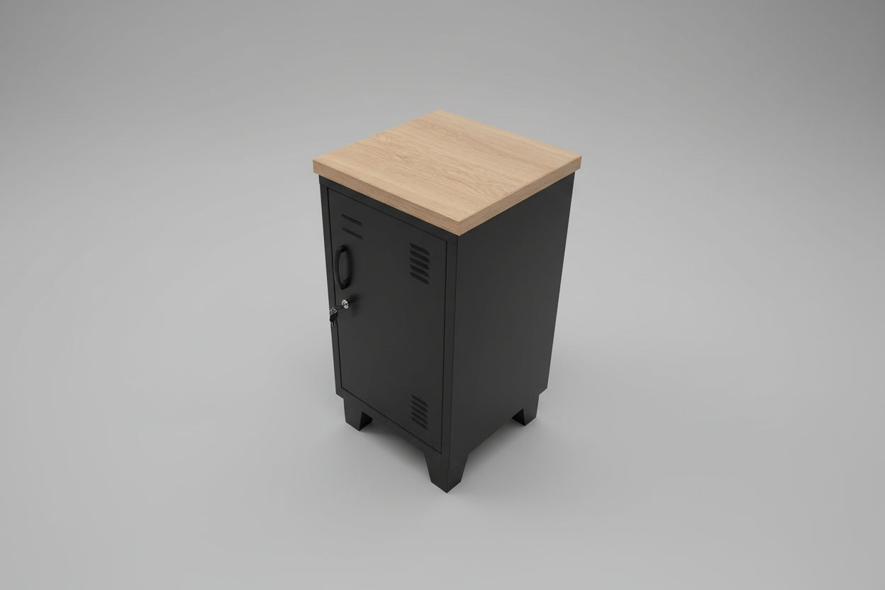 Black right opening mini locker with oak wood top in neutral background 